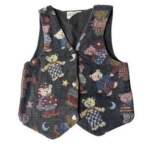 Vintage 90s Toddler Black Teddy Bear Atrsy Tapestry Vest 5/6